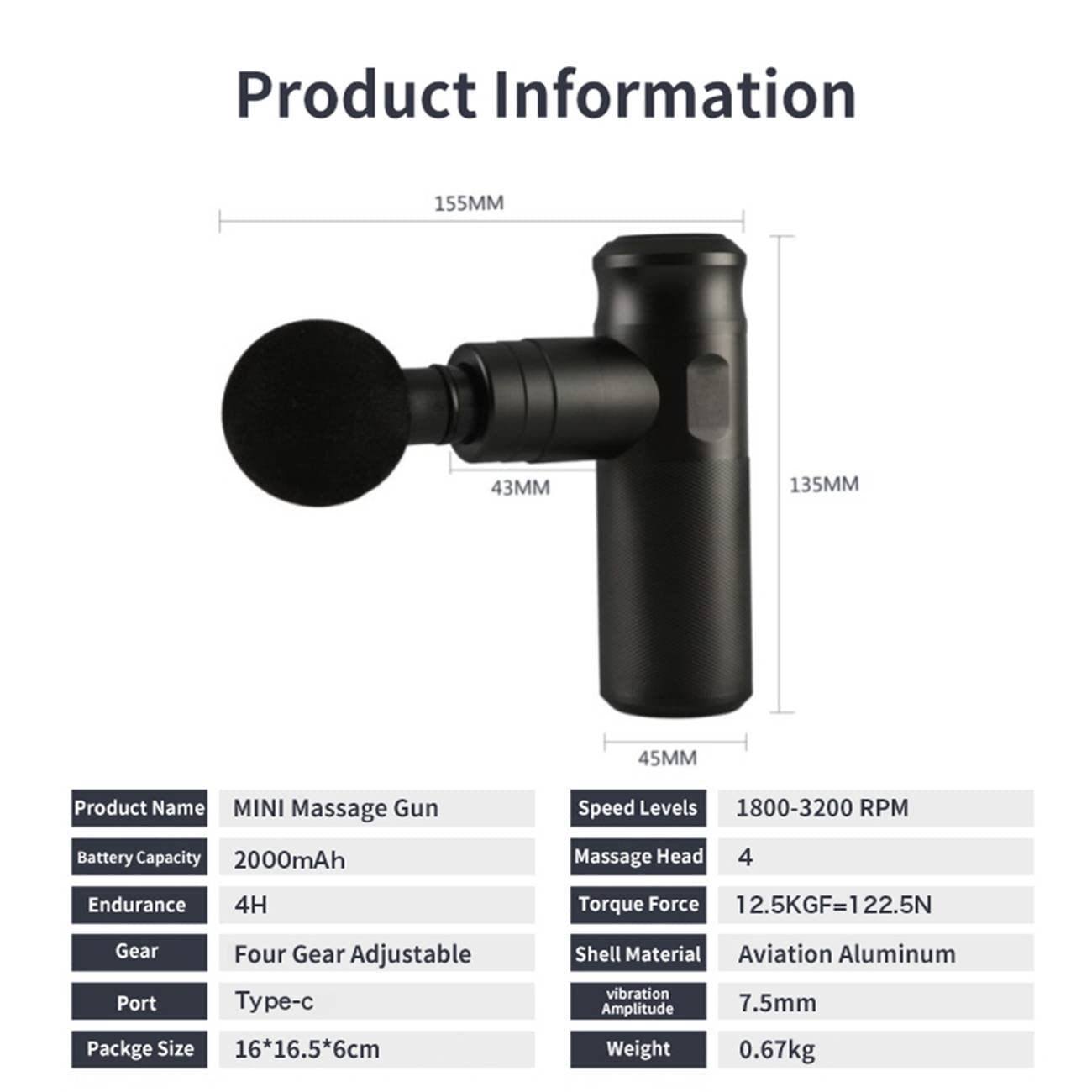 Black handheld massage gun with round head attachment, front and side dimensions