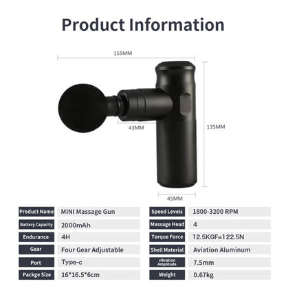 Black handheld massage gun with round head attachment, front and side dimensions