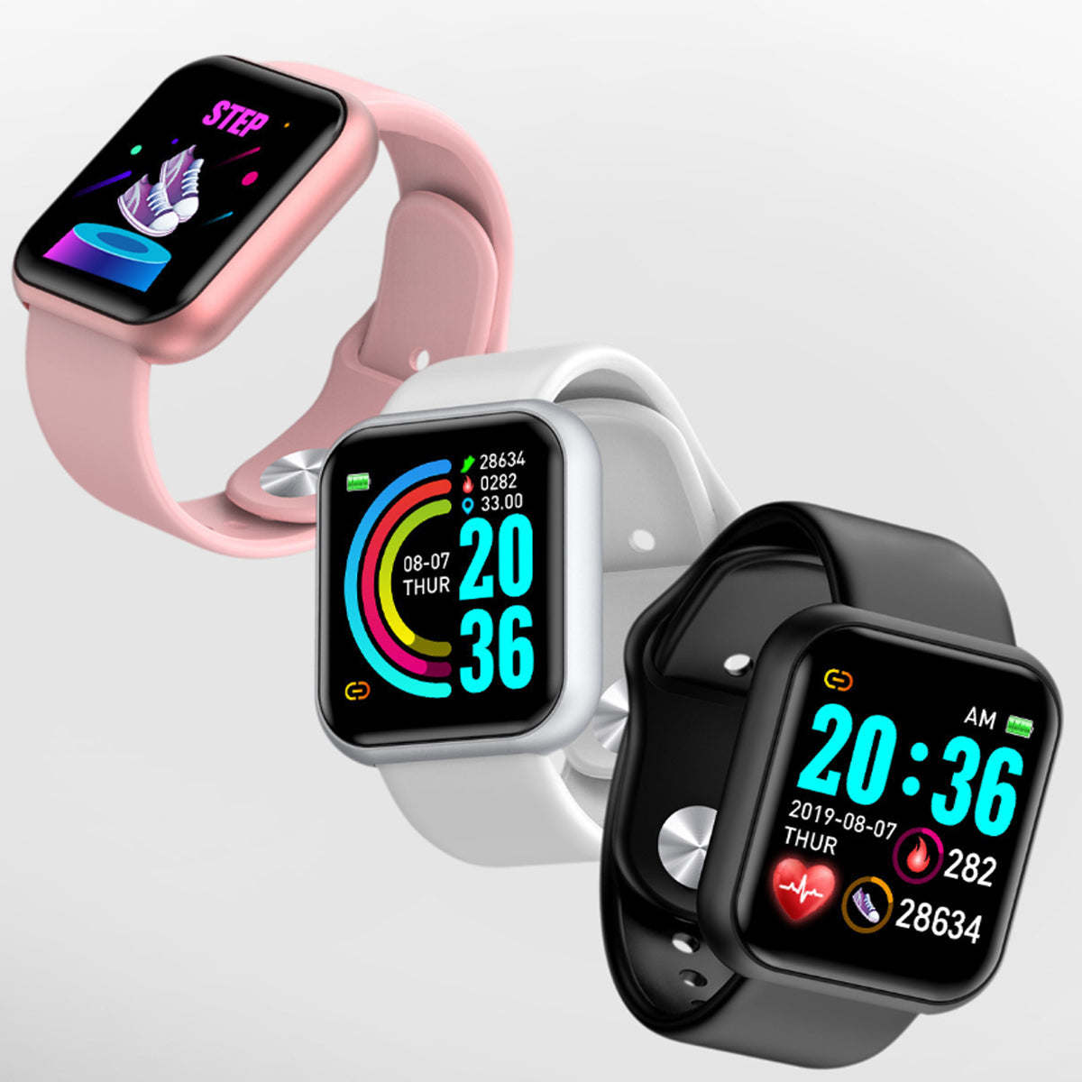 Group of smart watches in pink, white, and black straps with activity gauges