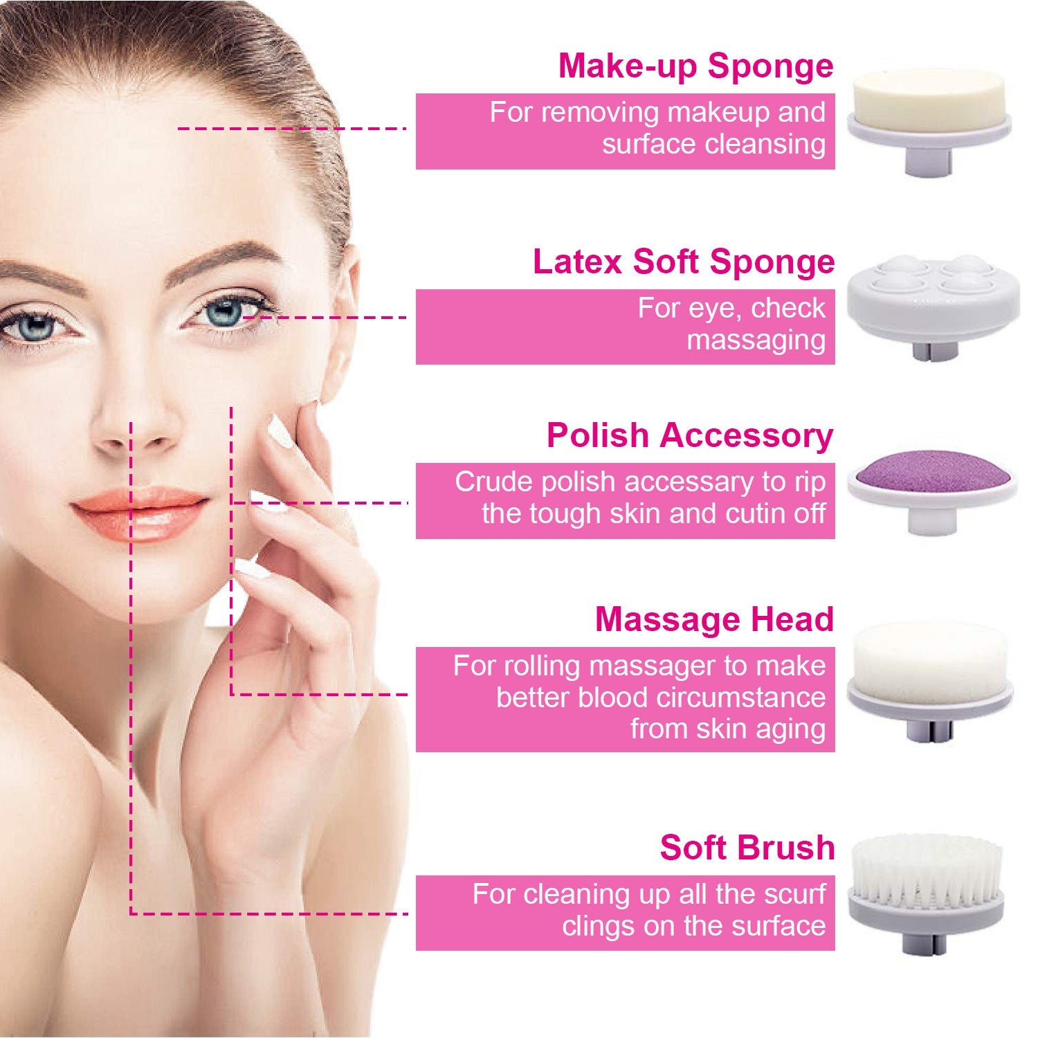 Electric facial brush with multiple soft accessory heads for face cleansing