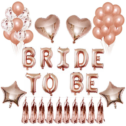 Foil BRIDE letter balloon set with tassel stars and rose-gold heart balloons