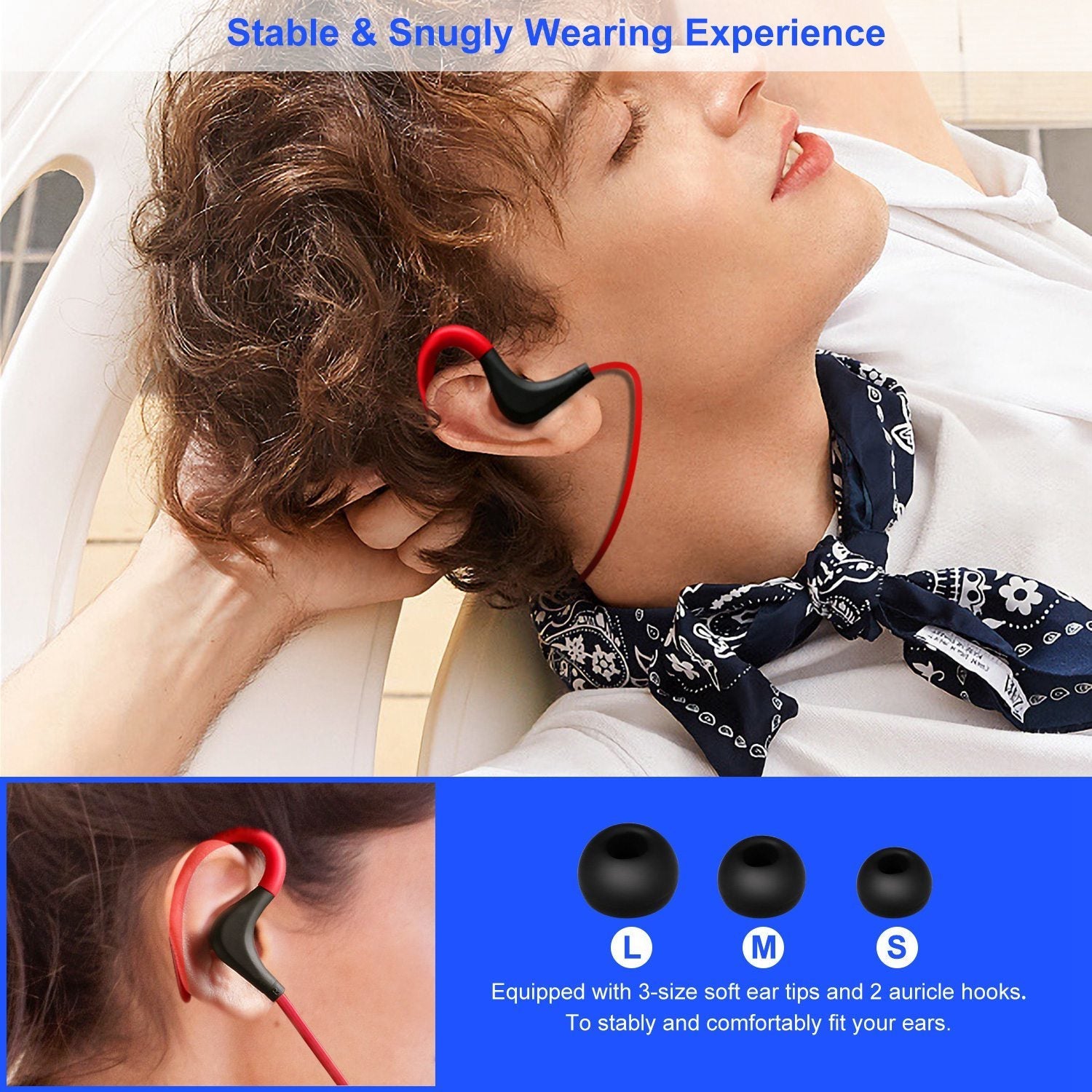 Red and black wireless in-ear headset fitted in ear with over-ear hook