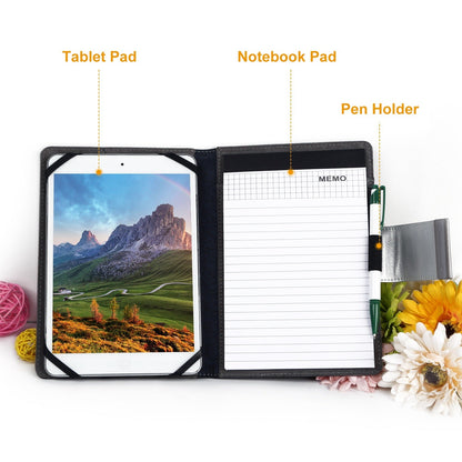 Black padfolio case open with tablet sleeve, lined memo page and pen slot