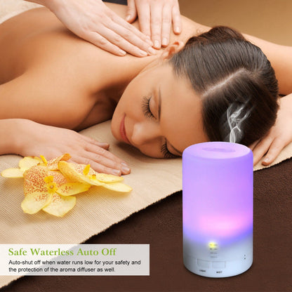 Mini cool mist humidifier on countertop with purple LED light