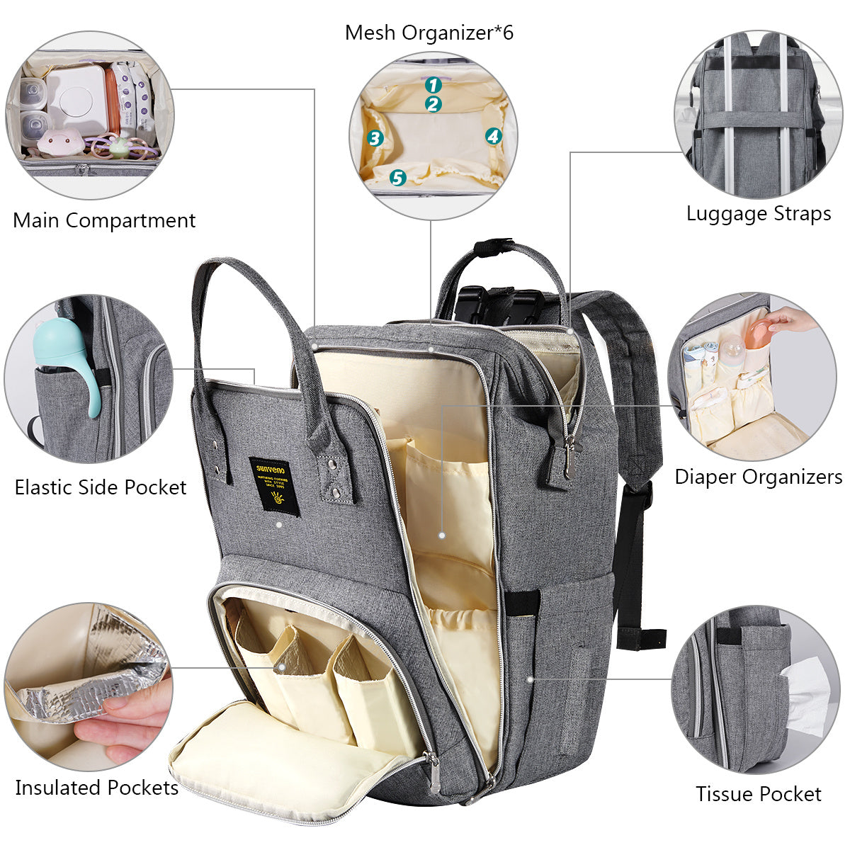 Gray diaper bag backpack with multiple interior organizers, elastic side pocket, and straps