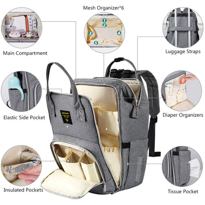 Gray diaper bag backpack with multiple interior organizers, elastic side pocket, and straps
