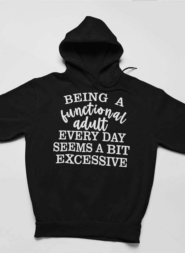 Black pullover hoodie with hood and large front text graphic.