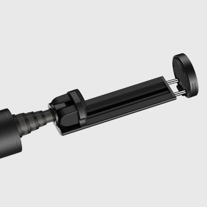 Black compact selfie stick with phone mount and sliding arm in closed position