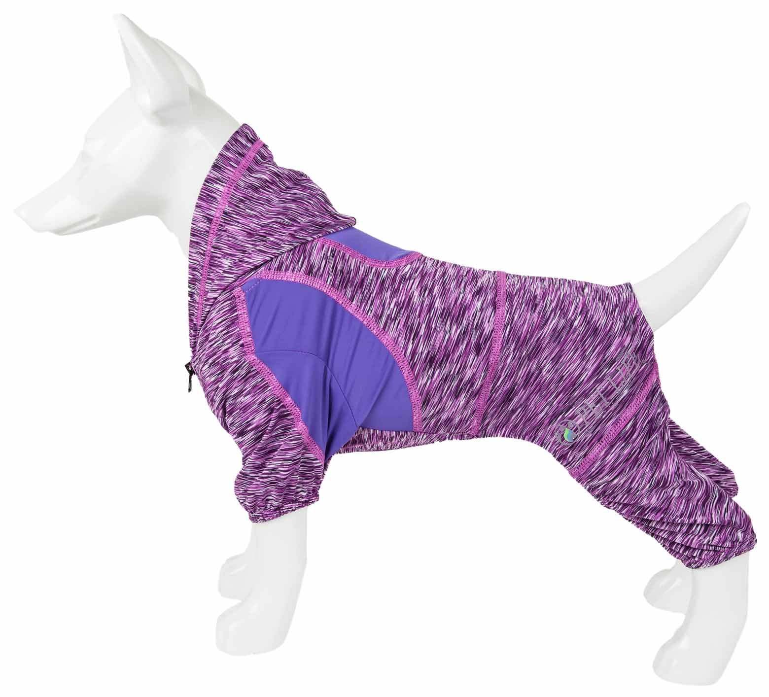 Pet hoodie full-body in heather purple with blue chest panel and side coverage