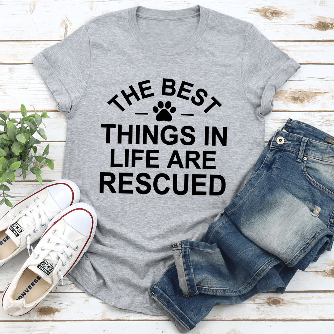 Gray rescue T-shirt with paw-print slogan graphic on front, crewneck style