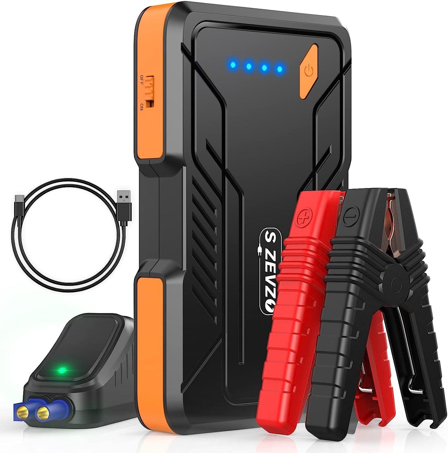 Orange and black portable jump starter with LED indicator and clamp cables