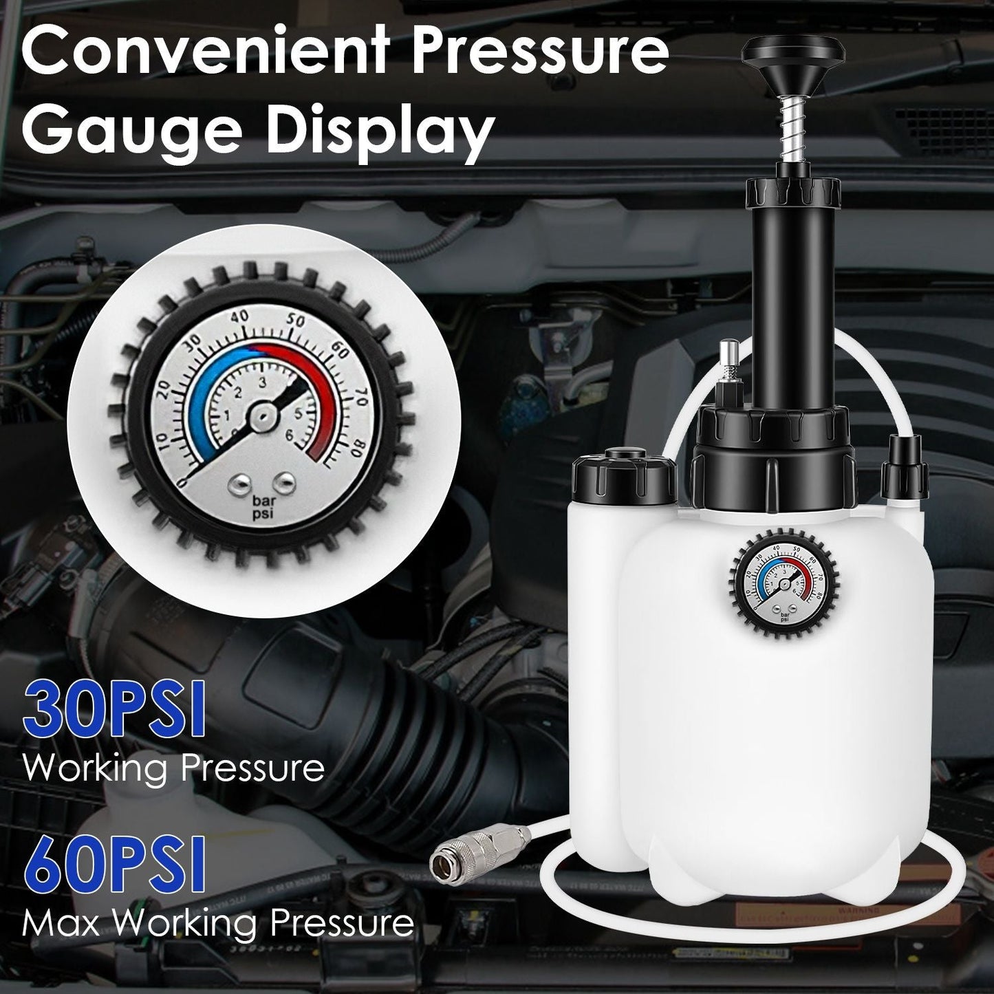 Brake bleeder pump with pressure gauge display, white reservoir, and connected vacuum hose