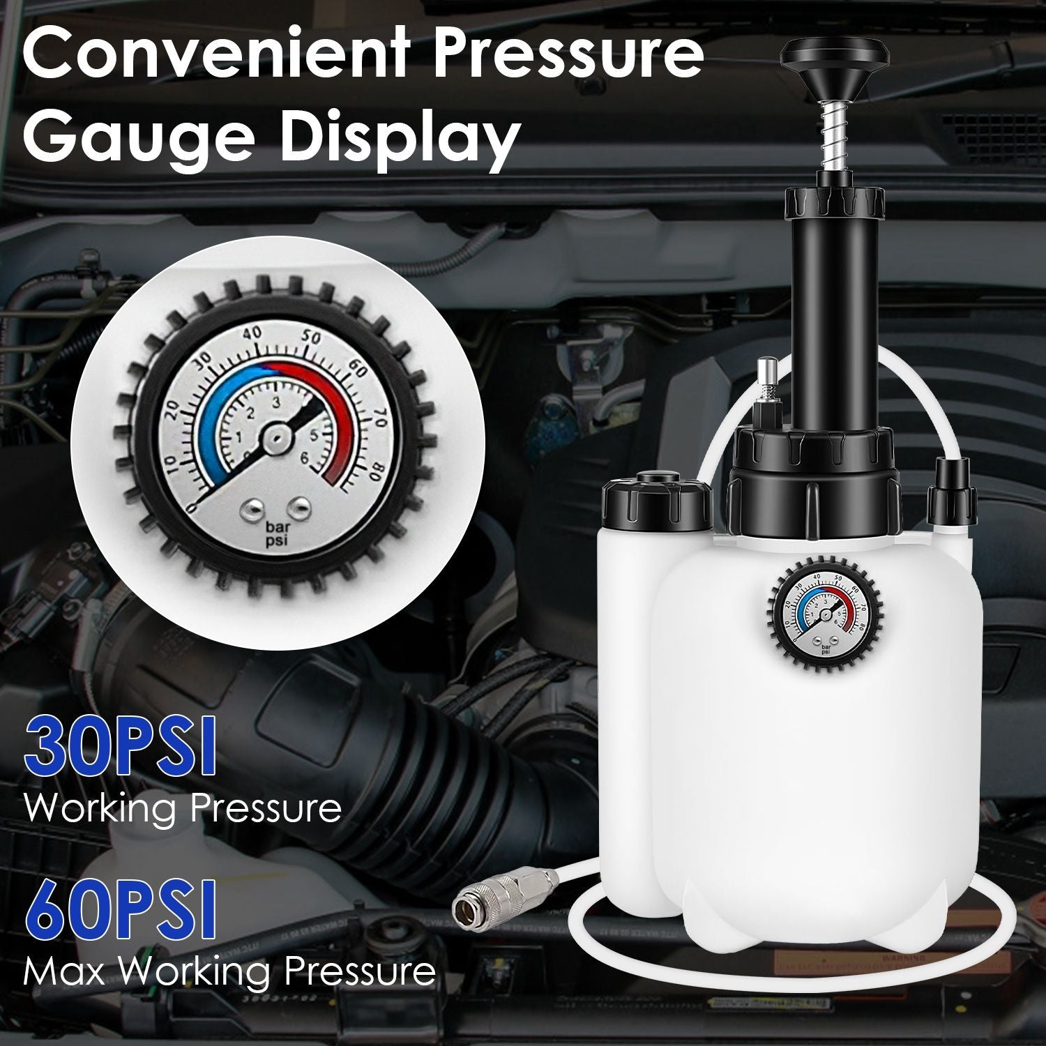 Brake bleeder pump with pressure gauge display, white reservoir, and connected vacuum hose