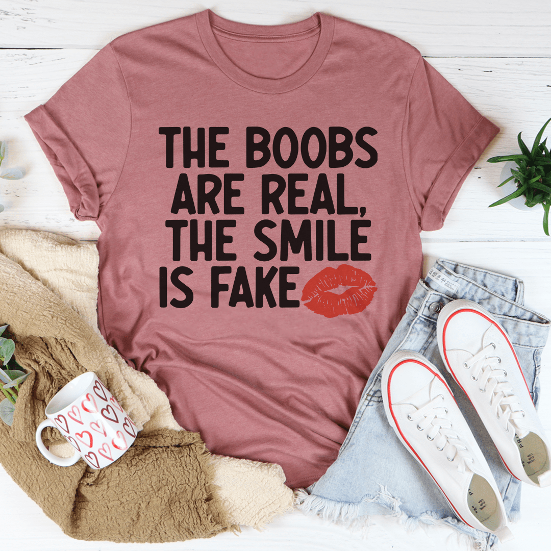 Mauve crew-neck T-shirt with centered quote text and red lips graphic