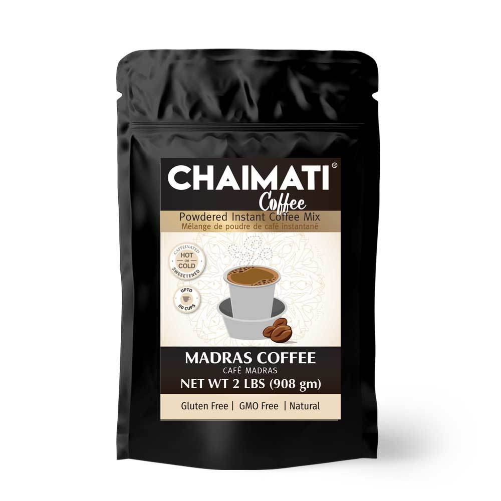 Instant coffee mix pouch, black with gold label and cup graphic