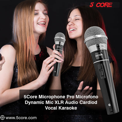 Two handheld dynamic microphones with metal grilles held by singers for karaoke