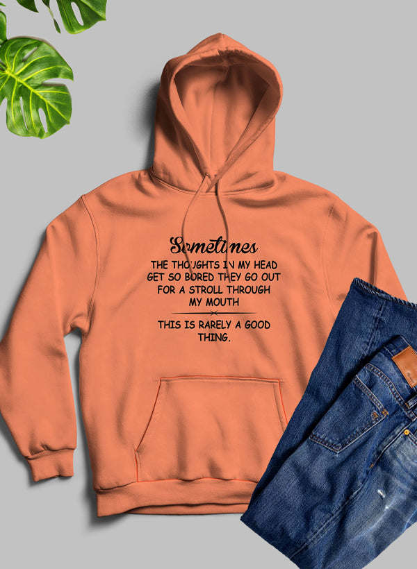 Peach pullover hoodie with hood, front pocket, and centered quote print