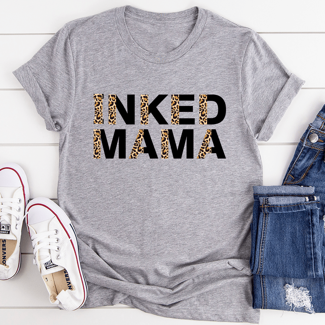 Athletic heather T-shirt with centered 'Inked Mama' leopard-print lettering, short sleeves
