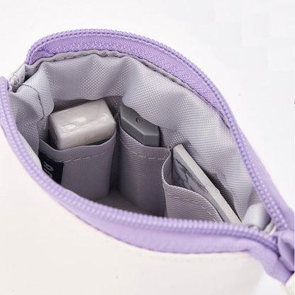 Telescopic pencil holder stationery case interior with gray pen pockets, lilac lining