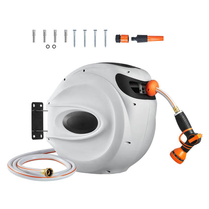 Retractable Hose Reel, 130 ft x 1/2 inch, 180° Swivel Bracket Wall-Mounted, Garden Water Hose Reel with 9-Pattern Nozzle, Automatic Rewind, Lock at Any Length, and Slow Return System