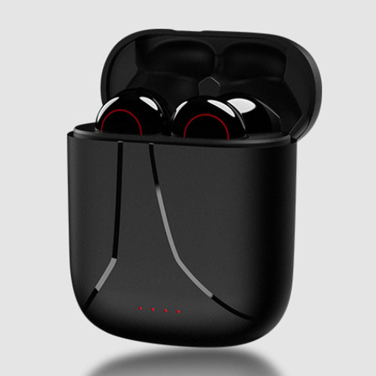 Black charging case with two wireless Bluetooth earbuds inside, red rings