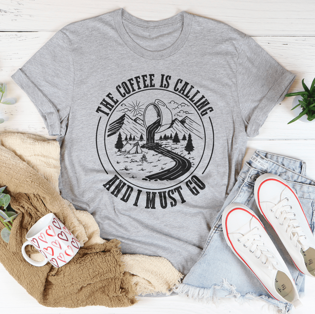 Heather gray crewneck t-shirt with black coffee-themed circular print
