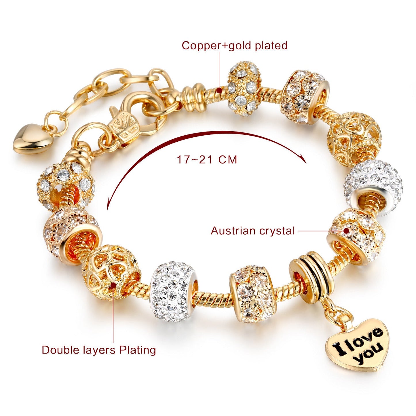 Gold plated heart charm bracelet with cubic zirconia bead charms and linked chain