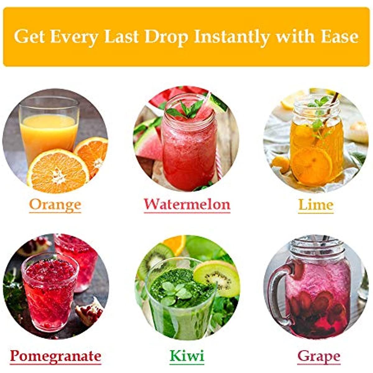Stainless steel citrus squeezer feature chart with fruit compatibility icons