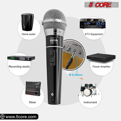 Black dynamic handheld microphone with metal grille and body switch