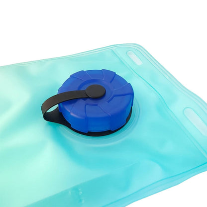 Aqua water bladder with blue screw cap and drinking tube connection