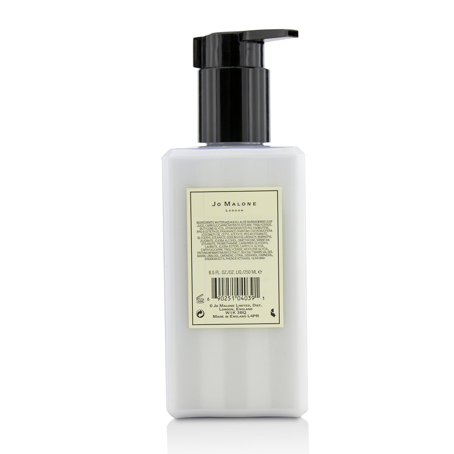 JO MALONE Orange Blossom body and hand lotion bottle with black pump, back label