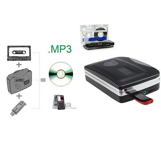 Cassette-to-MP3 converter with MP3 output and disc icon, compact black unit
