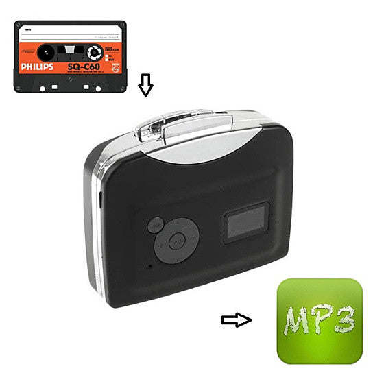 Cassette-to-MP3 converter with top cassette bay and front display, black body