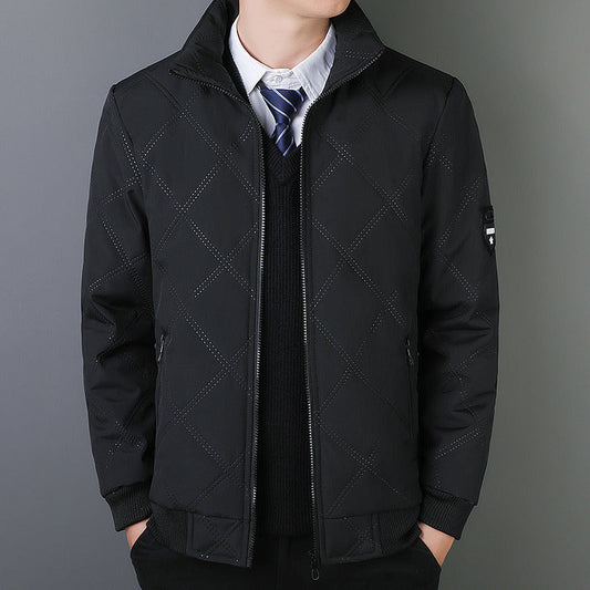 Cotton men's new autumn and winter stand-up collar with fleece diamond plaid warm warm cotton jacket