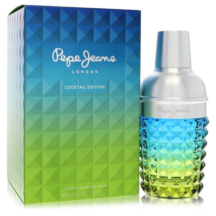Cocktail Edition eau de toilette spray bottle with blue-green gradient liquid, boxed