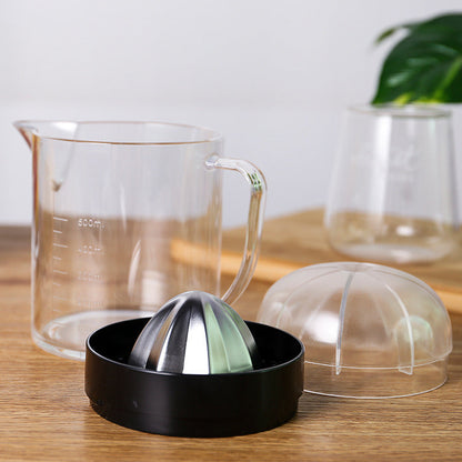 Citrus juicer pitcher set: clear pitcher, black strainer base, and clear dome cover