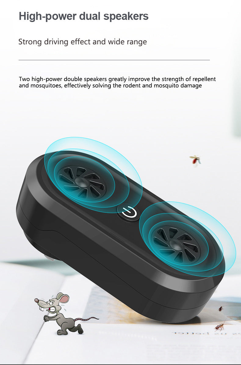 Black ultrasonic pest repellent unit at an angle with dual speaker grilles