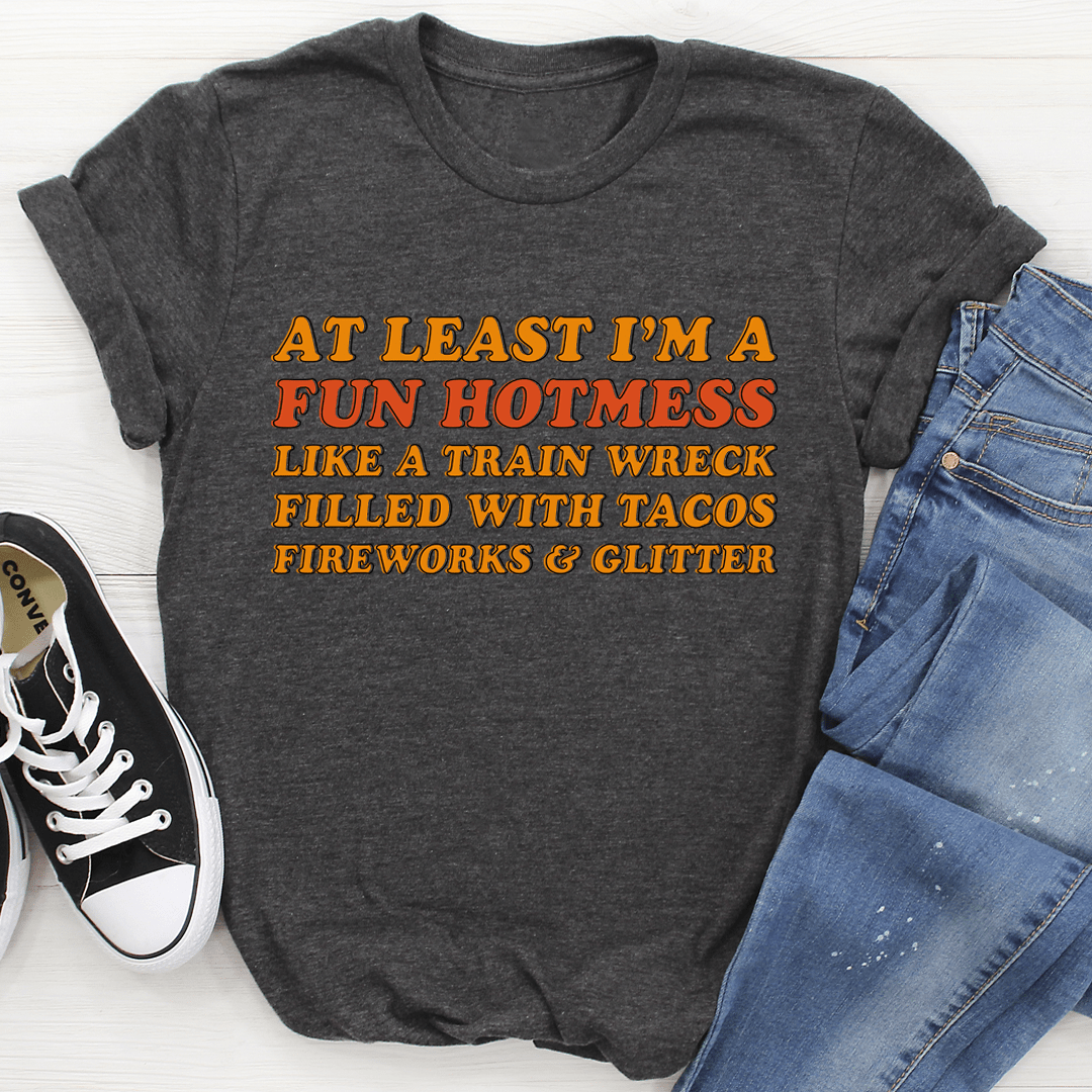 Dark grey T-shirt with crew neck and multicolor 'FUN HOTMESS' front text
