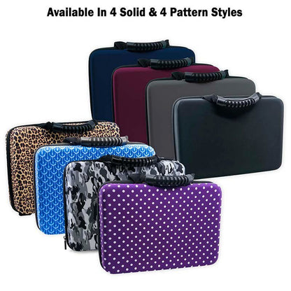 Battery storage cases in multiple colors and patterns, each with zipper and handle