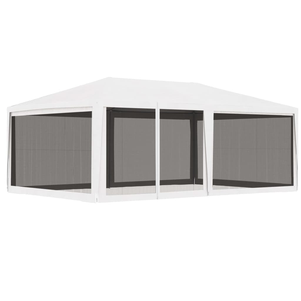 White party tent canopy with four gray mesh sidewalls and open screened panels