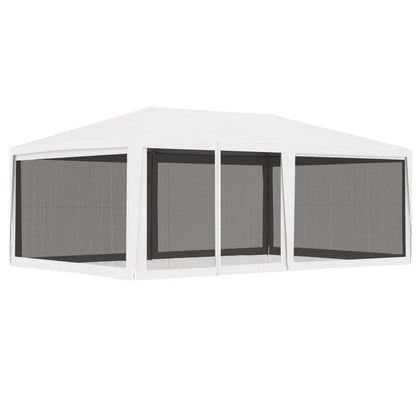 White party tent canopy with four gray mesh sidewalls and open screened panels