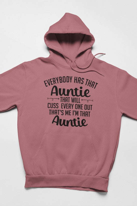 Mauve hoodie with front hood and large “Auntie” graphic text