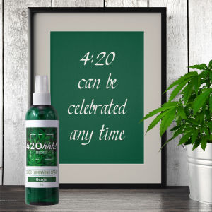 Green 420 420hhh odor eliminator spray bottle with white pump, small bottle view.