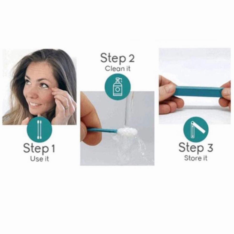 Reusable cotton swab with white bristle head, handle visible during cleaning steps