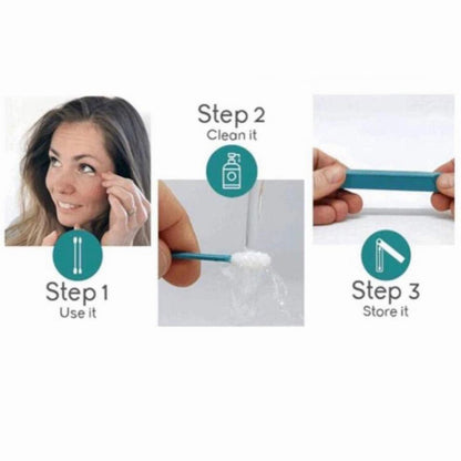 Reusable cotton swab with white bristle head, handle visible during cleaning steps