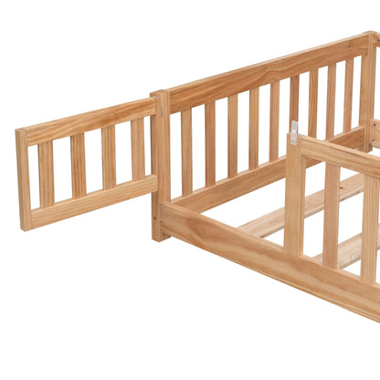 Full Size Floor Bed with Door, Solid Wood Platform Bed Frame with Fence, Suitable for children, Pine Wood