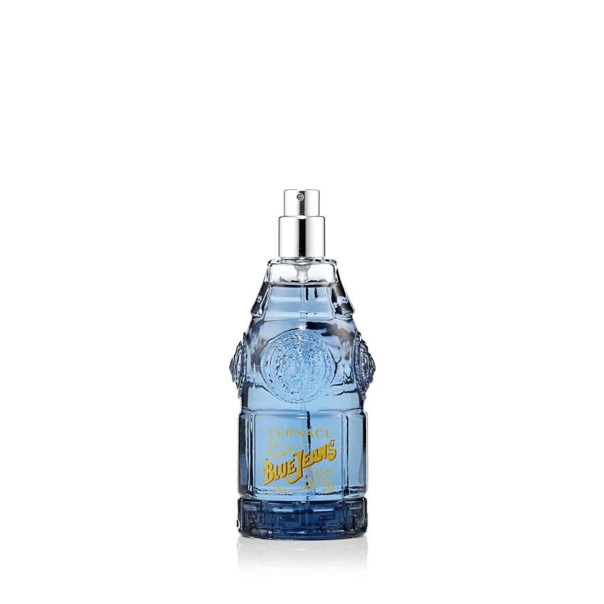 Versace Blue Jeans cologne bottle with silver spray nozzle, blue glass and black base