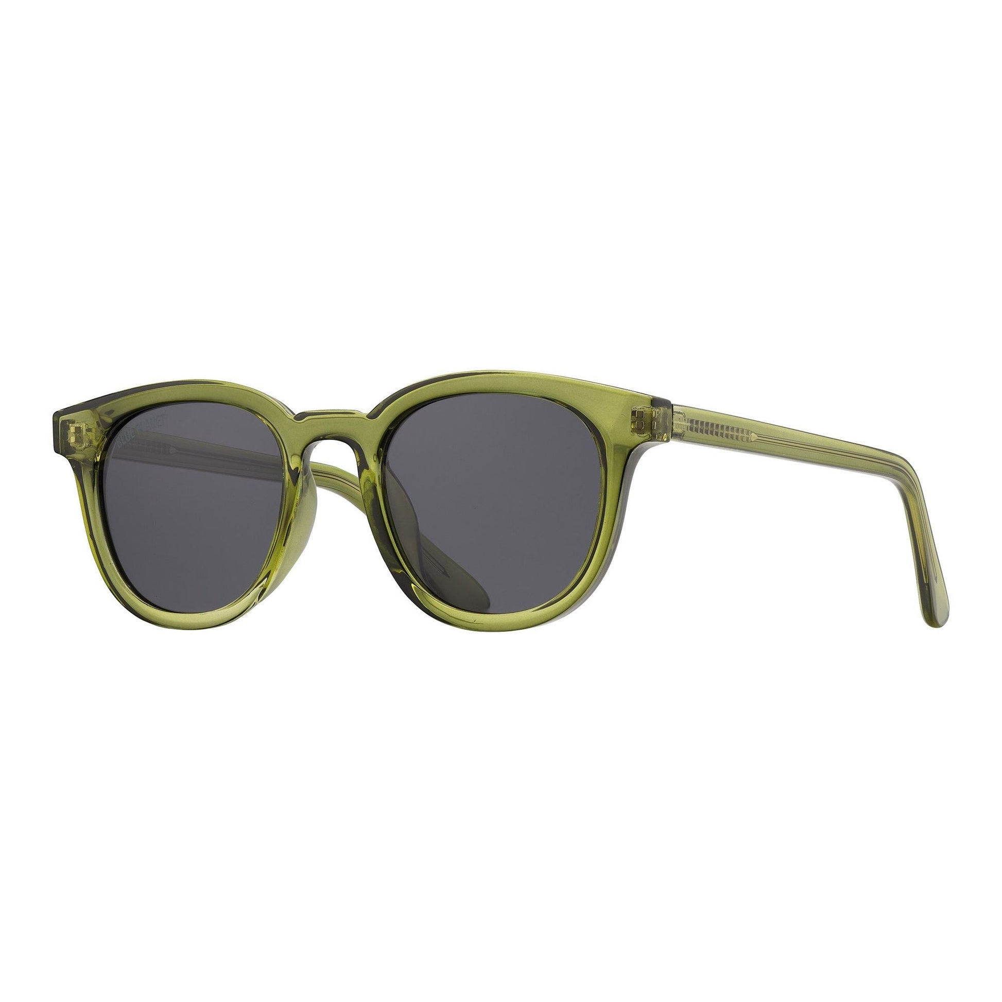 Olive green polarized sunglasses with dark round lenses and thin curved frame