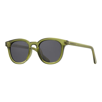 Olive green polarized sunglasses with dark round lenses and thin curved frame