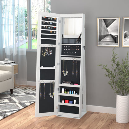 Lockable Jewelry Cabinet Standing Armoire Full Length Mirror LED Lights White Jewelry Organizer